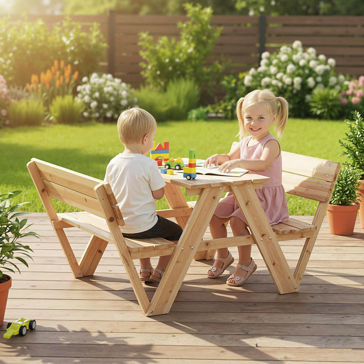 KINDERGARTENTISCH mit Sitzbänken natur - Naturfarben, Holz - COSTWAY