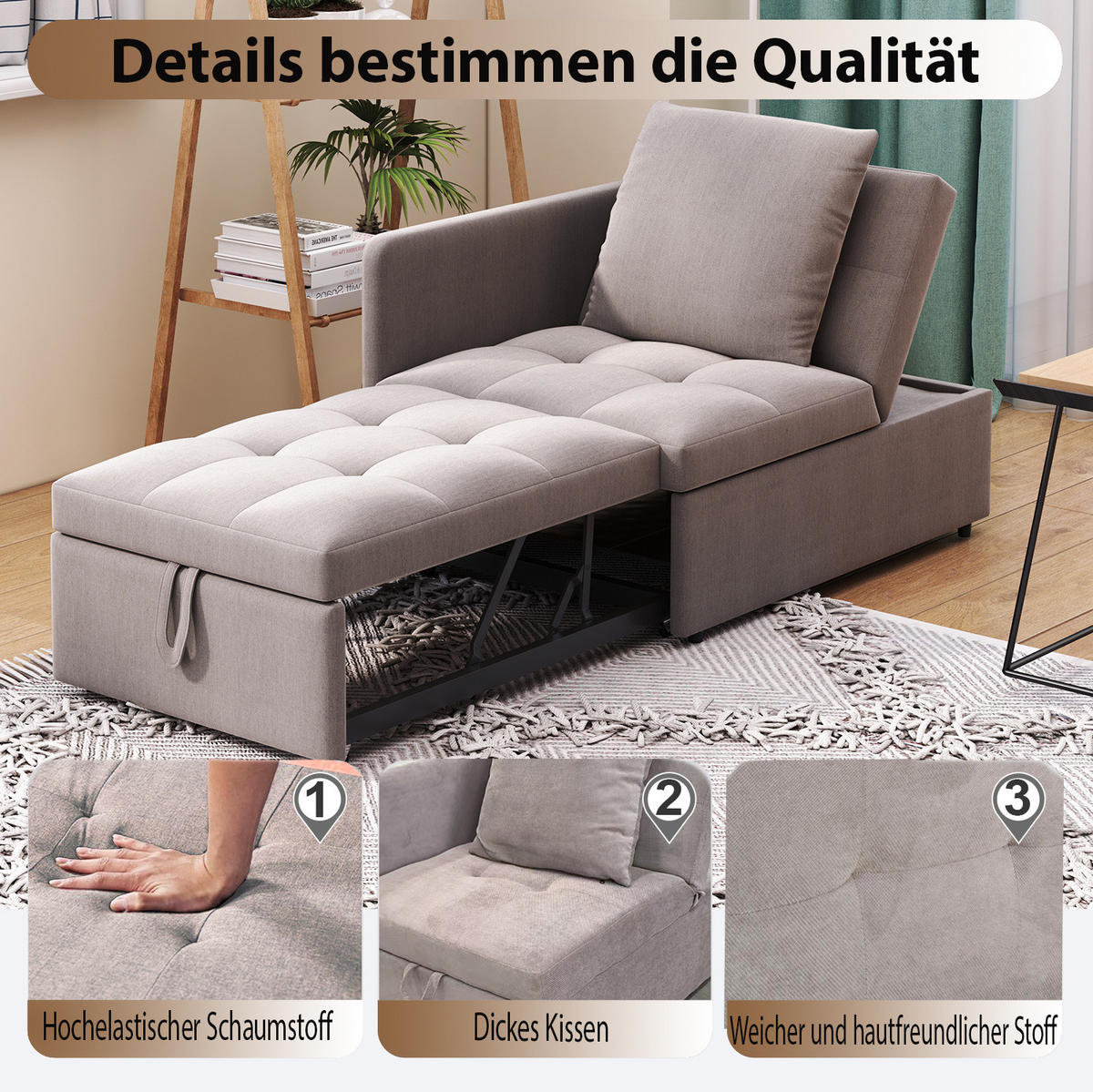 SCHLAFSOFA Leinenstoff mit 5-fach verstellbarer Rückenlehne Grau 177/68/65 cm - Graubraun, Textil (68/65/177cm) - Redom
