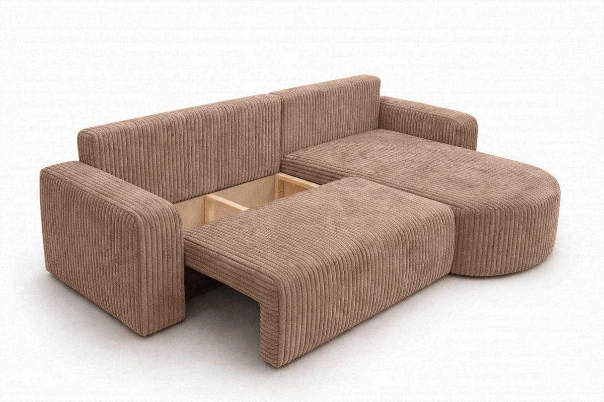 ECKSOFA Mit Schlaffunktion, Cordstoff Tilia, Braun, Rechts, ROUND ONE XL - Braun, Holz (271/175cm) - Kaiser Möbel