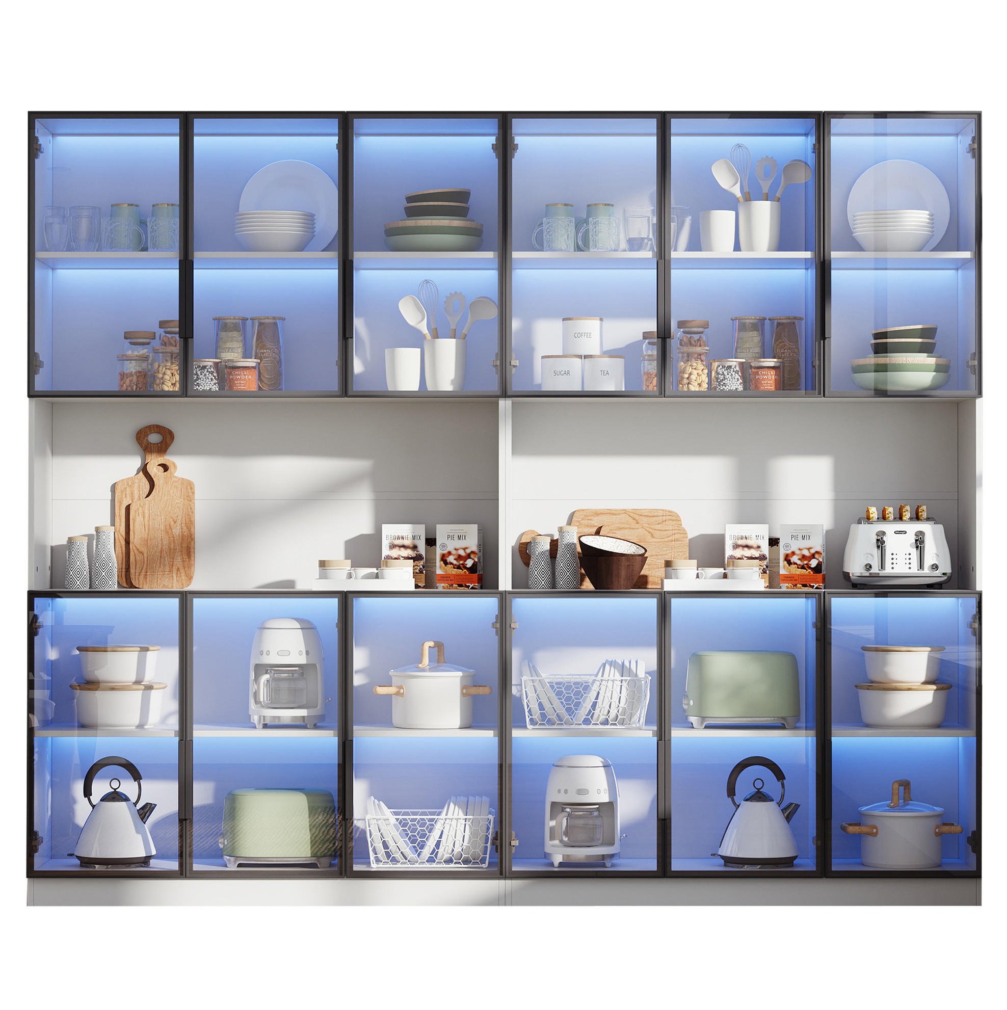 VITRINE 240/34/200 cm in Weiß mit 12 Glastüren und LED-Beleuchtung - Weiß, Holzwerkstoff (240/200/34cm) - Flora Grace