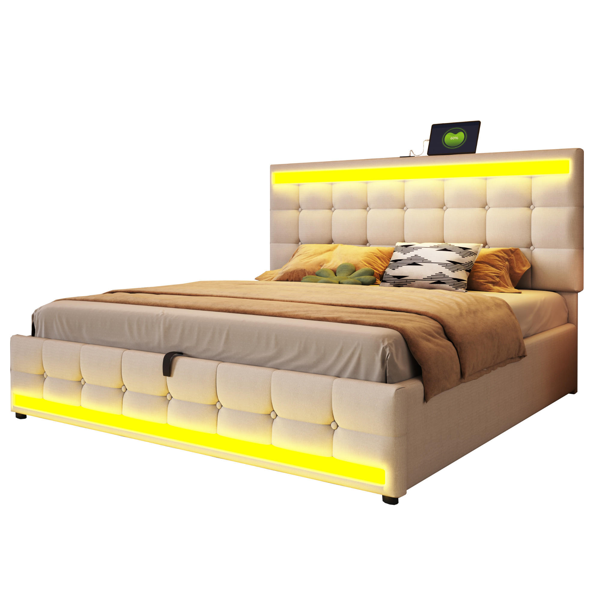 ČALÚNENÁ posteľ 180/200 cm béžová s LED osvetlením a USB z látky - béžová, textil (180/200cm) - OKWISH