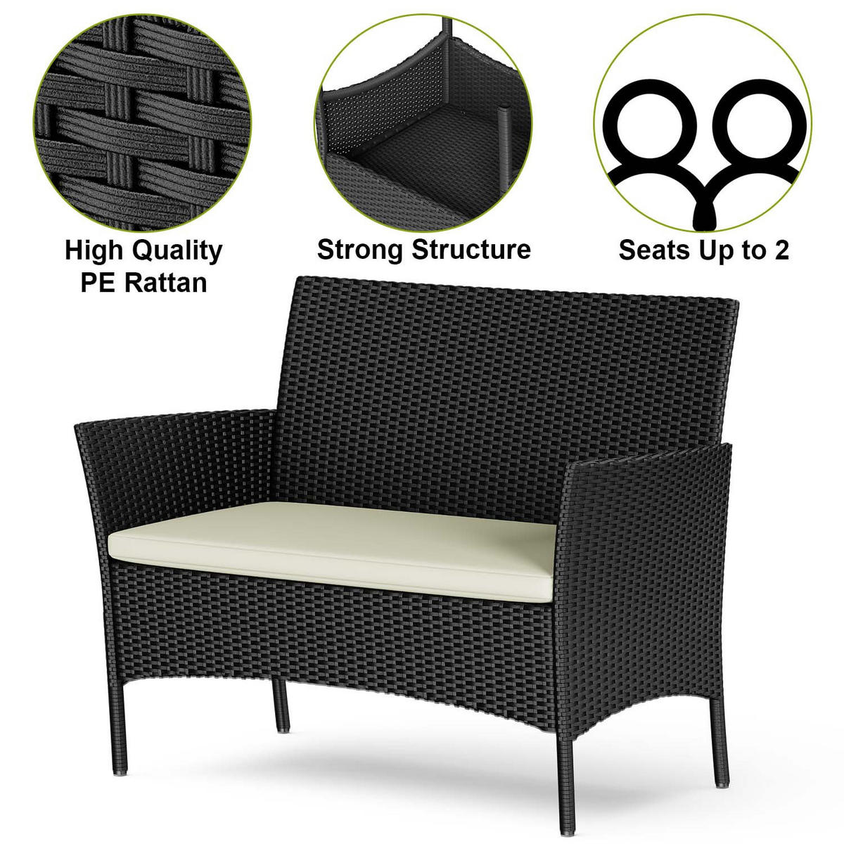 ECKSOFA Loungeset 4tlg Schwarz Gartensofa Set - Schwarz, Textil - Rattrix