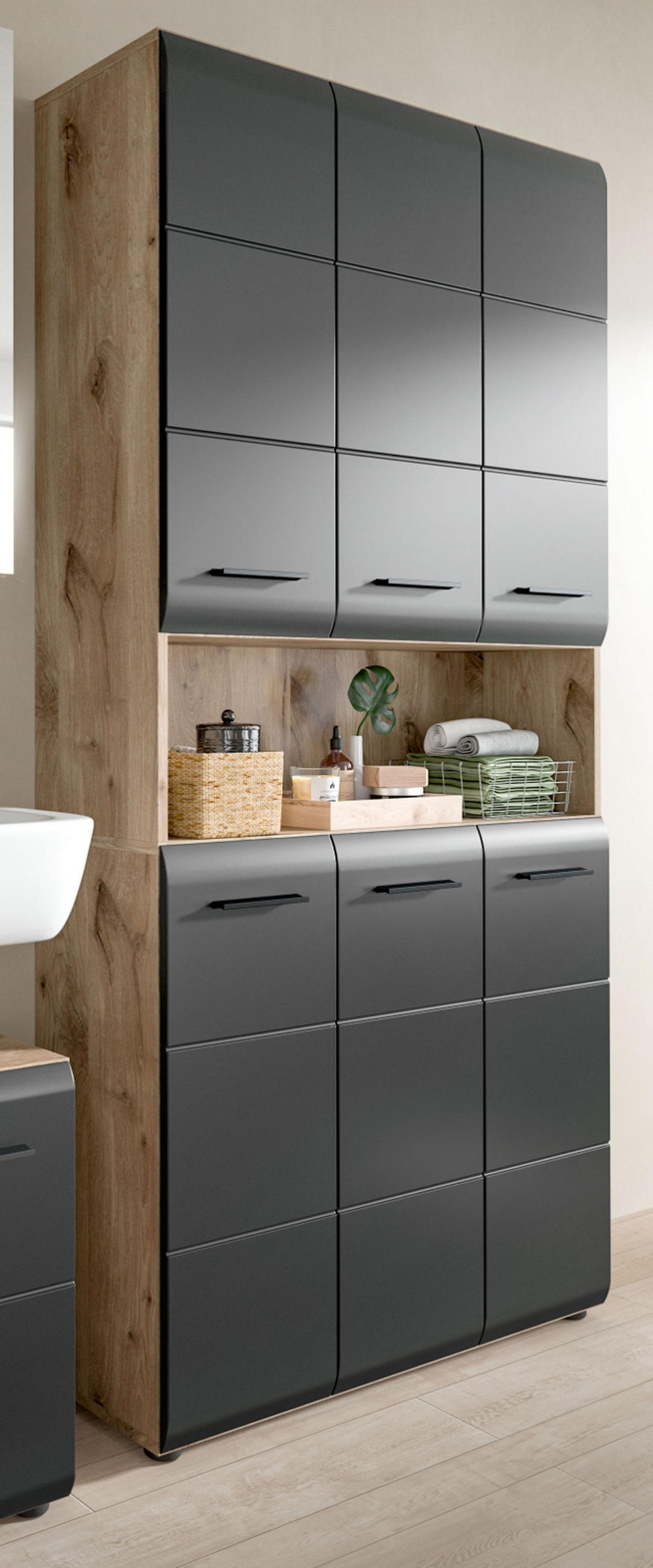 HOCHSCHRANK schwarz matt, Eiche, Badschrank Mehrzweckschrank 6-türig 90 x 185 cm - Eichefarben/Schwarz, Holzwerkstoff/Kunststoff (90/185/30cm) - Inn.Furn