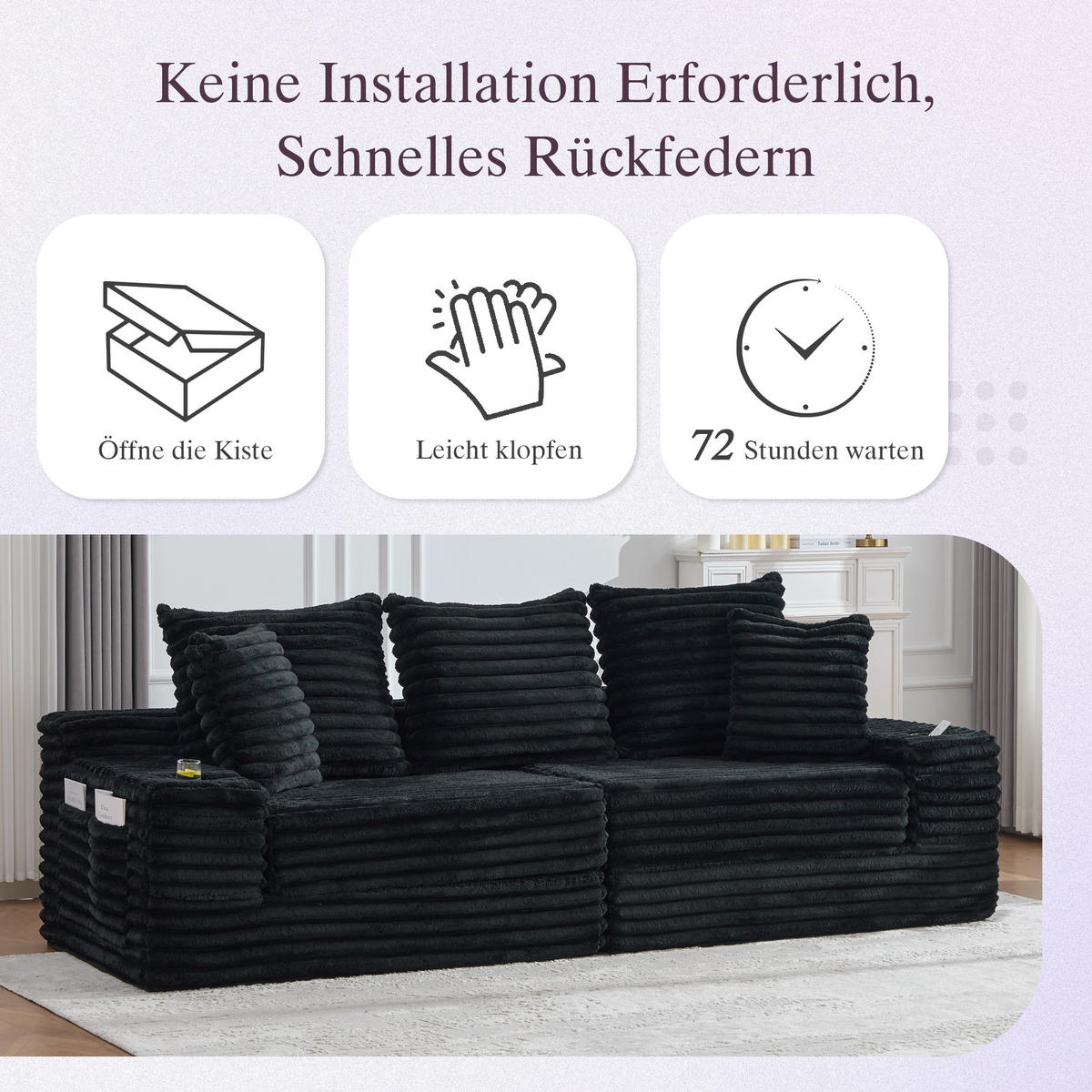 SCHLAFSOFA aus Cord mit Getränkehaltern und Kissen, Schwarz - Schwarz, Textil (107.48/34.25/38.58cm)