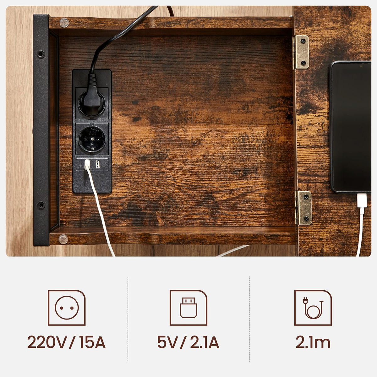 BEISTELLTISCH NACHTTISCH MIT STECKDOSEN - Braun, Holzwerkstoff (60/31.5/60cm) - Hansiro