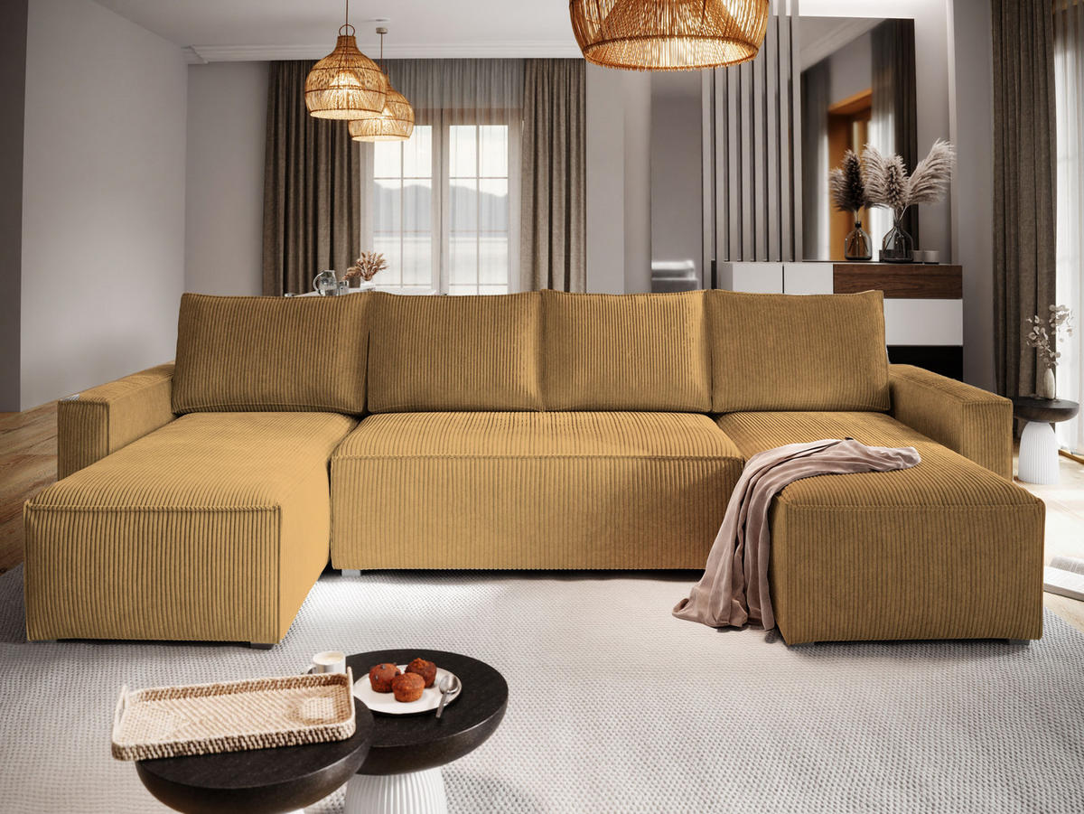 WOHNLANDSCHAFT ASPRA Gelb Kordstoff mit Schlaffunktion - Gelb, Holz (295/85/140cm) - MASSENO