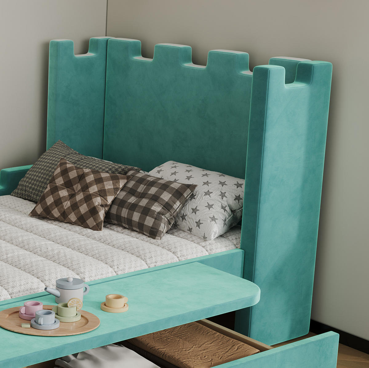 BETT90X200 cm in Blaugrün mit Stauraum-Schublade und Ablage - Blau, Holz (90/200cm) - Flora Grace