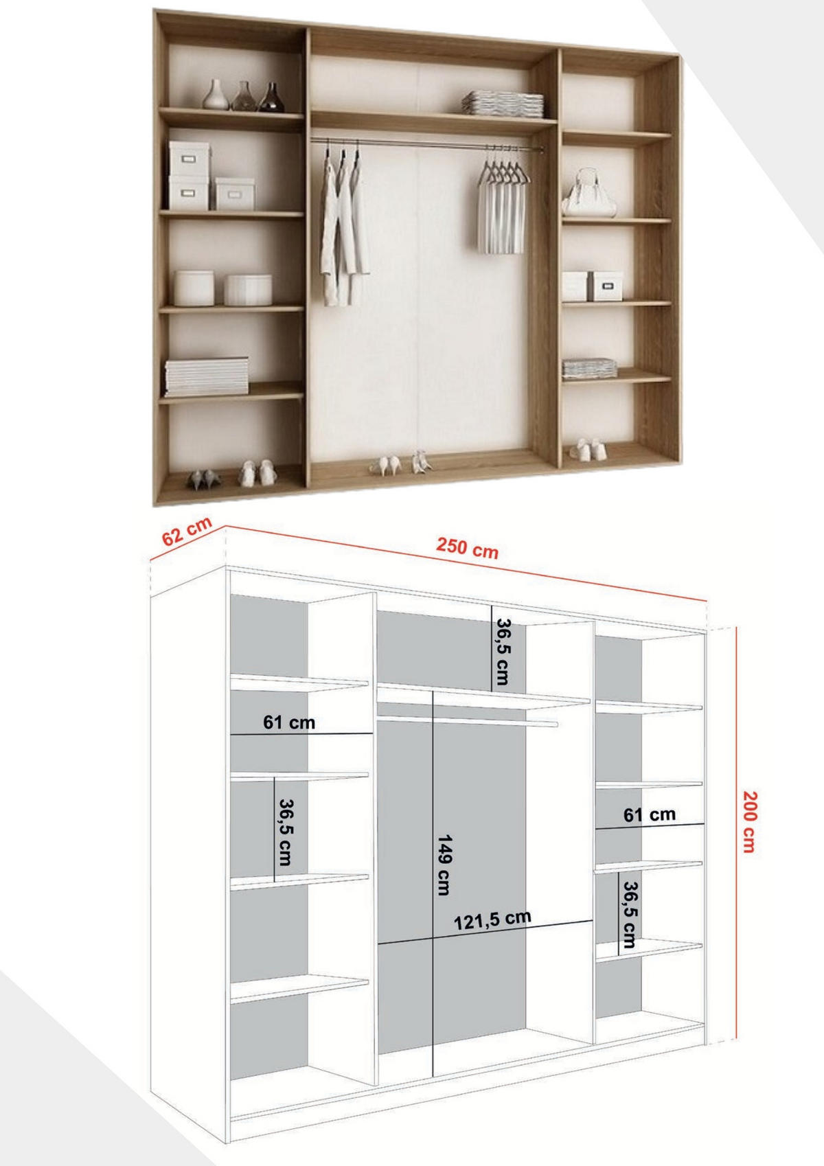SCHIEBETÜRENSCHRANK ARI 3 mit Spiegel 250 - Dunkle Esche - Eschefarben, Holzwerkstoff (250/200/62cm) - Kier Furniture