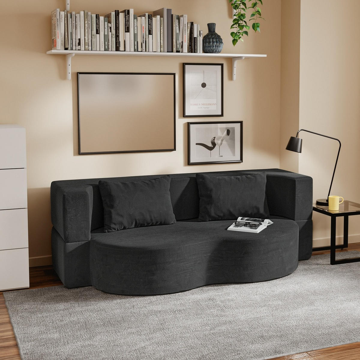 SOFA ausziehbar mit Kordstoffbezug FST101-SCH - Schwarz, Textil/Metall (177/32/107cm) - SoBuy
