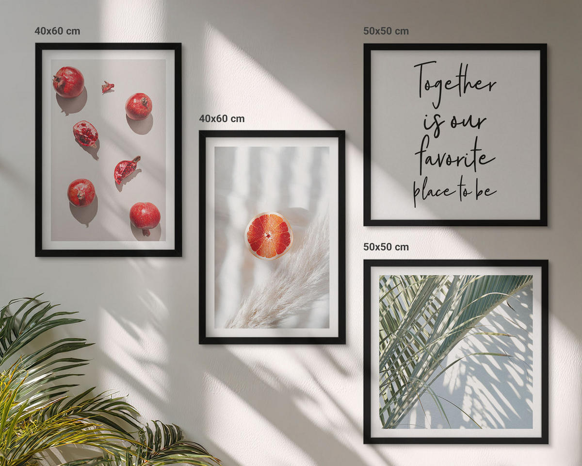BILDER SET 4er Set - 50x50 cm & 40x60 cm Schwarzer Rahmen - Feiertags-Palmenfrucht-Inschrift - Schwarz, Kunststoff (50/50cm) - TULUP