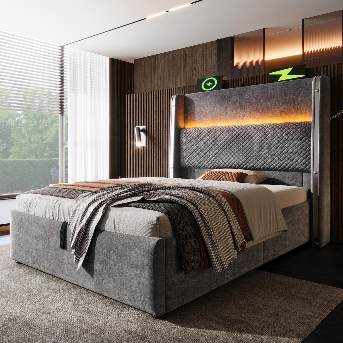 POLSTERBETT 90/200 cm mit hydraulischem Bettkasten, LED-Kopfteil & USB/Type-C, grau - Grau, Textil (90/200cm) - Redom