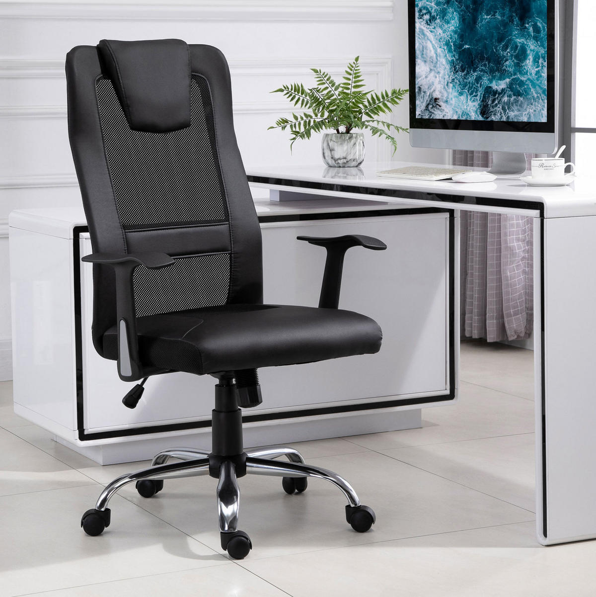 DREHSTUHL 73/108-118/66 cm Schwarz aus Kunstleder mit Wippfunktion - Schwarz, Kunststoff (73/118/66cm) - OKMYHOME