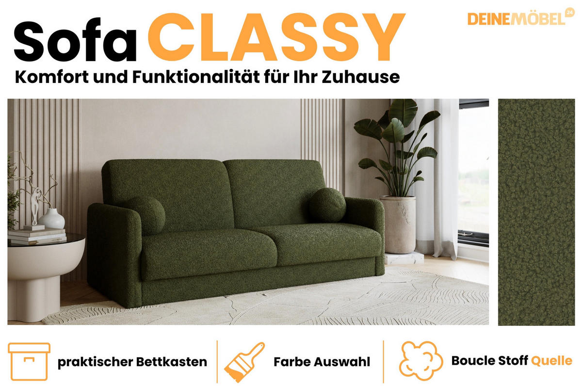 SOFA CLASSY 214cm breit in Boucle Dunkelgrün - Dunkelgrün, Holz/Holzwerkstoff (214/93/100cm) - Deine Möbel 24