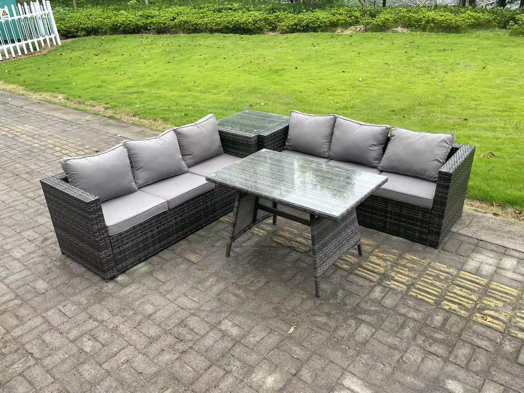 GARTENMÖBELSET mit Esstisch Beistelltisch 6-Sitzer Grau - Dunkelgrau/Grau, Glas/Kunststoff - Fimous