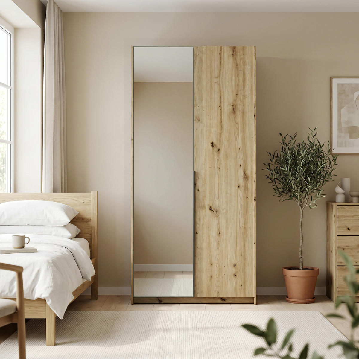 DREHTÜRENSCHRANK THALIA 100/204/58cm 2-türig mit Spiegel Eiche Artisan - Eiche Artisan, Holzwerkstoff (100/204/58cm) - MASSENO