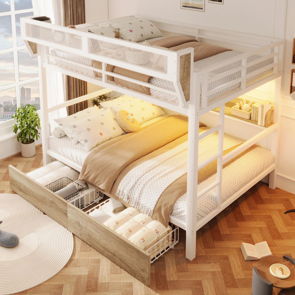 ETAGENBETT 140/200 cm in Weiß mit Ablagebord, Aufbewahrungskorb, Schubladen und LED - Weiß, Holzwerkstoff/Metall (140/200cm) - WISHDOR