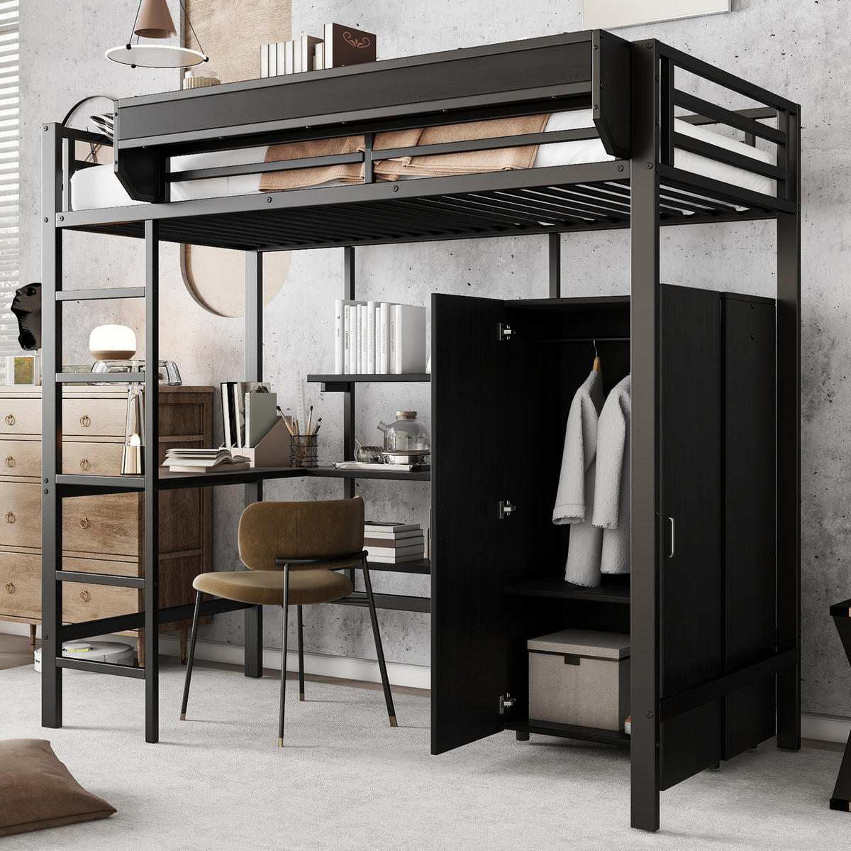 ETAGENBETT 90/200 cm Schwarz mit Tisch und Kleiderschrank - Weiß, Metall (90/200cm) - Flora Grace