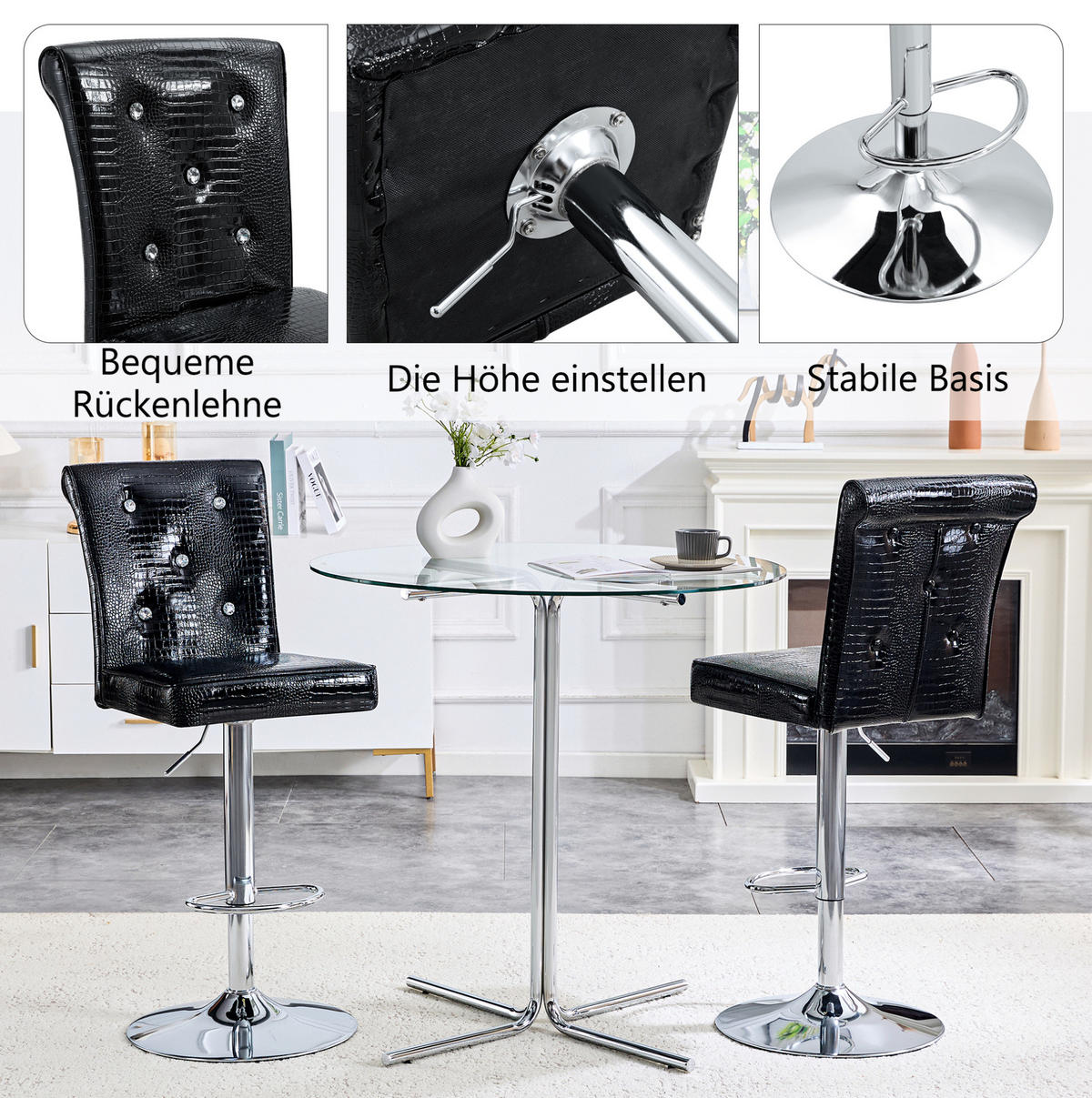 BARSTUHL mit PVC-Bezug und Kristallknopf-Details, Schwarz - Schwarz, Kunststoff (42/125/55cm) - MIVRAY