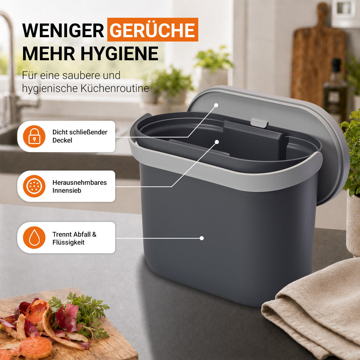 BIOMÜLLEIMER 8 L, graphite grey / steingrau - Hellgrau/Grau, Kunststoff (16/25/31cm) - GARANTIA