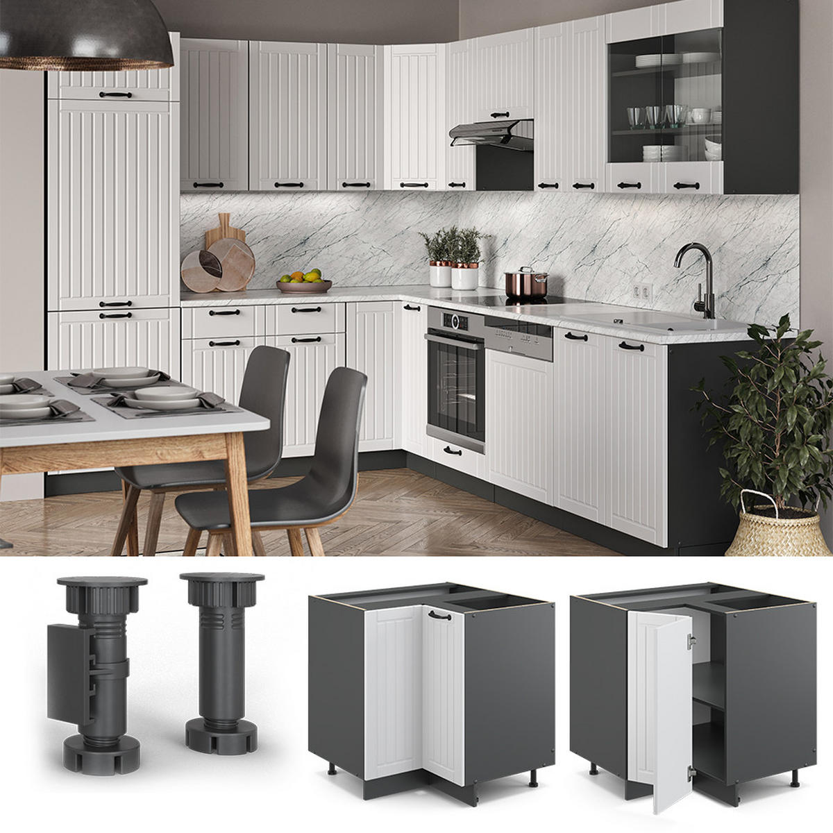 ECKUNTERSCHRANK Fame-Line Weiß Landhaus 80.5 cm, AP Marmor - Anthrazit/Weiß, Holzwerkstoff (80.5/82/60cm) - Vicco