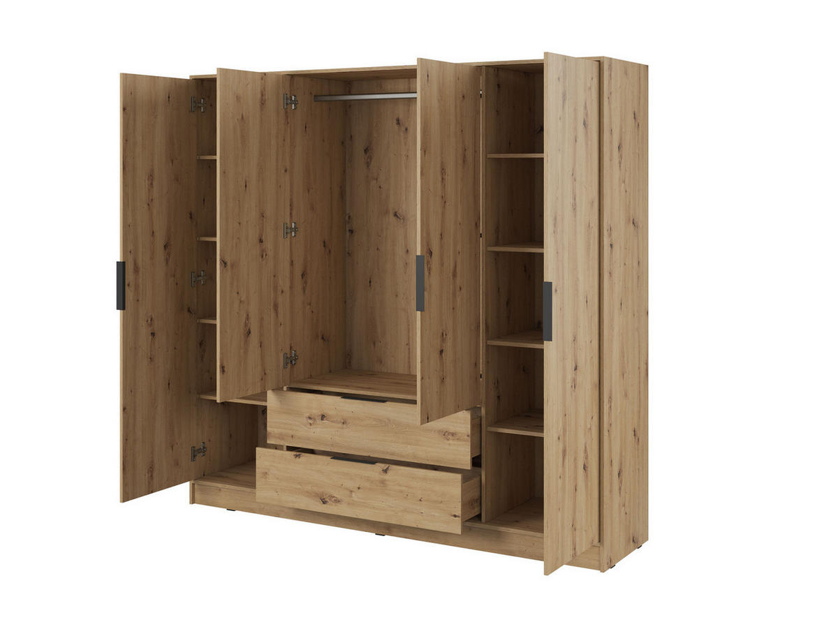 GROSSER Kleiderschrank RICADI 4D (Artisan Eiche, 4 Türen, 2 Schubladen, Kleiderstange, Kunststoffgriffe) - Schwarz/Eiche Artisan, Holz/Holzwerkstoff (206/200/51cm) - Ravio