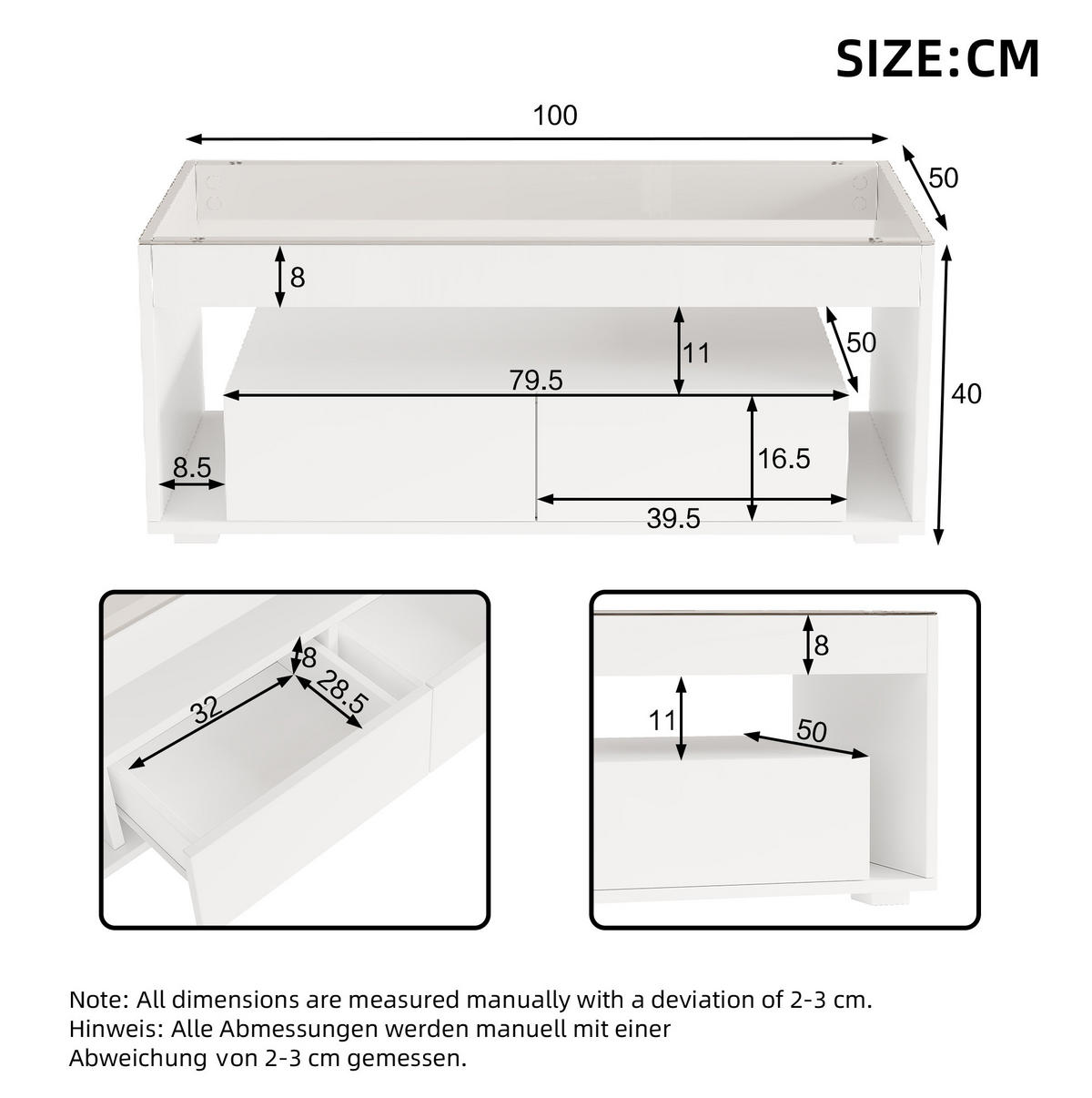 COUCHTISCH 100/50/40 cm in Weiß mit LED-Beleuchtung und 2 Schubladen - Weiß, Holzwerkstoff (100/50/40cm) - Flora Grace
