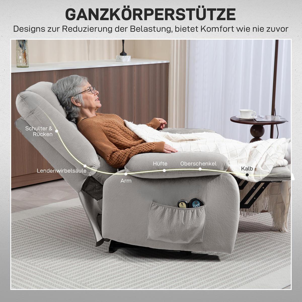 ELEKTRISCHER-AUFSTEHSESSEL Polyester Schaumstoff Hellgrau - Hellgrau/Schwarz, Textil/Metall (90/110/93cm) - HOMCOM