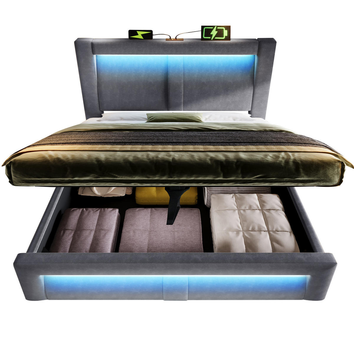 SAMT-POLSTERBETT 160/200 cm mit Bettkasten, LED-Beleuchtung und gepolstertem Kopfteil - Grau, Textil (160/200cm) - BEAOK