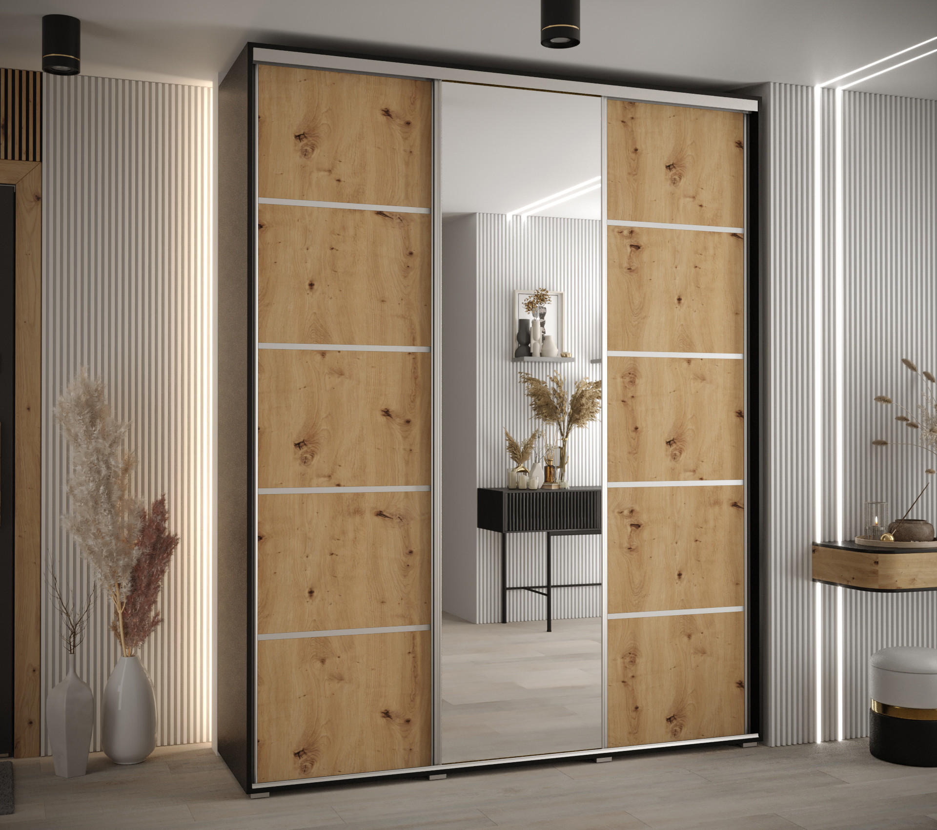 SCHWEBETÜRENSCHRANK 235,2/190/45 3-türig - Silberfarben/Schwarz, Holz/Metall (190/235/45cm) - Abiks Möbel