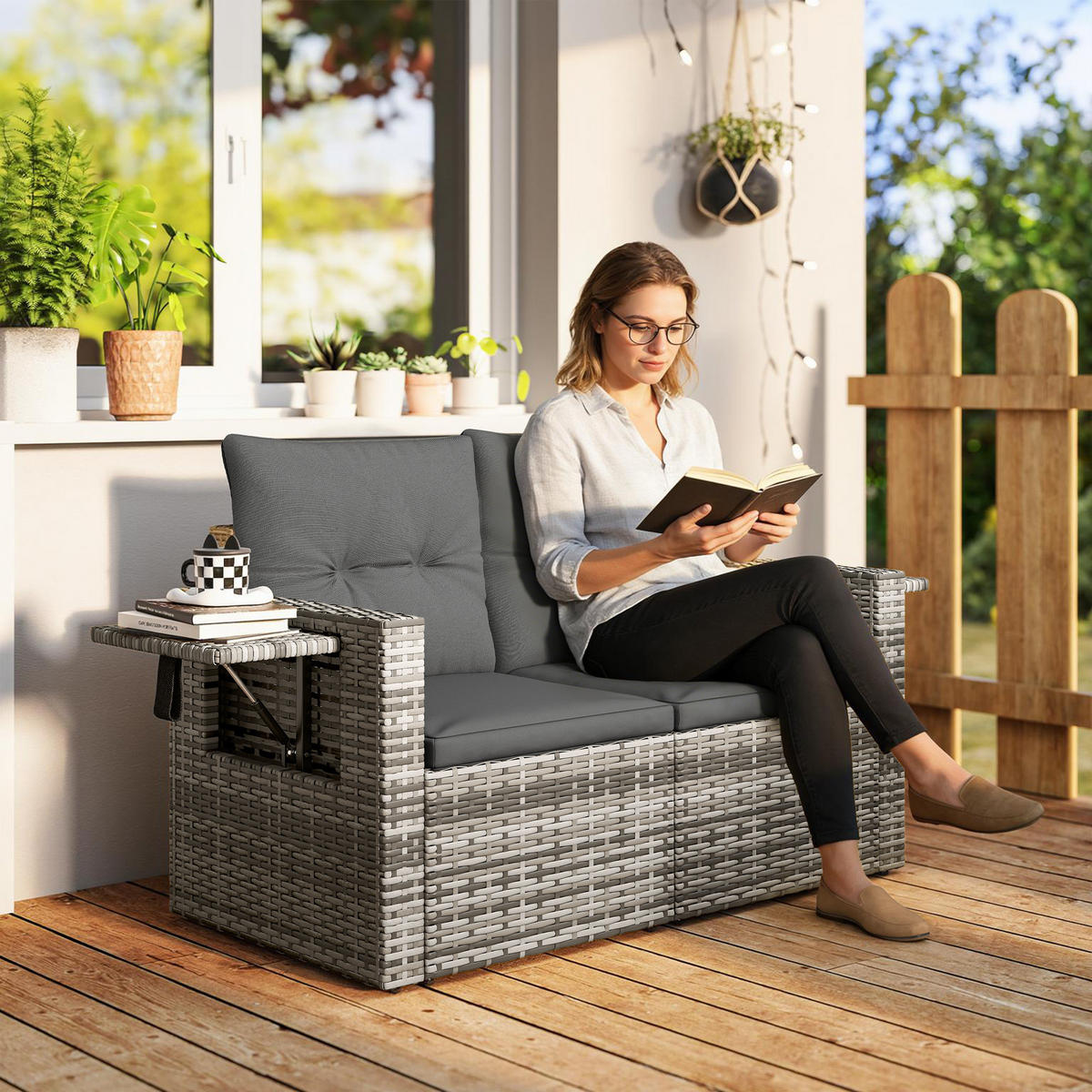 2-SITZER-RATTANSOFA PE-Rattan Stahl Hellgrau - Hellgrau/Schwarz, Kunststoff/Textil - Outsunny