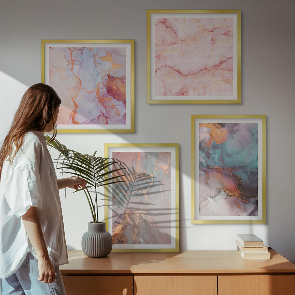 BILDER SET 4er Set - 50x50 cm & 40x60 cm Goldrahmen - Abstrakte Pastellmuster - Goldfarben, Kunststoff (50/50cm) - TULUP
