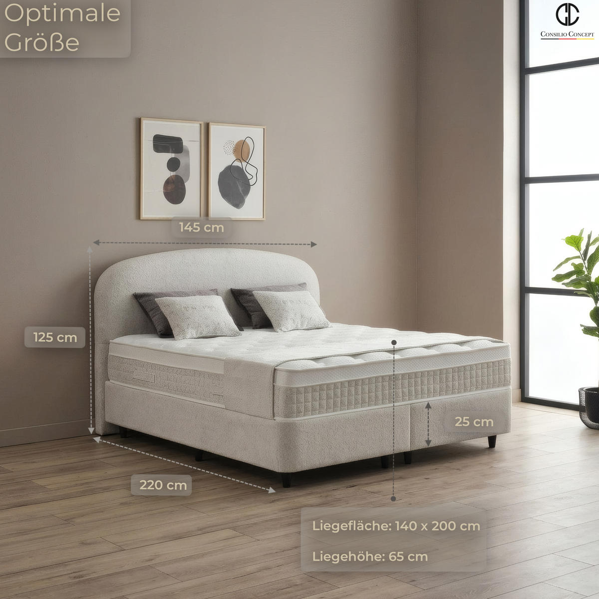 BOXSPRINGBETT MIT BETTKASTEN FREYA 140/200 cm, Ivory, Bettkasten, Matratze, Topper integriert, H3 mittel 7-Zonen Matratze - Creme/Schwarz, Holz/Kunststoff (140/200cm) - Consilio Concept