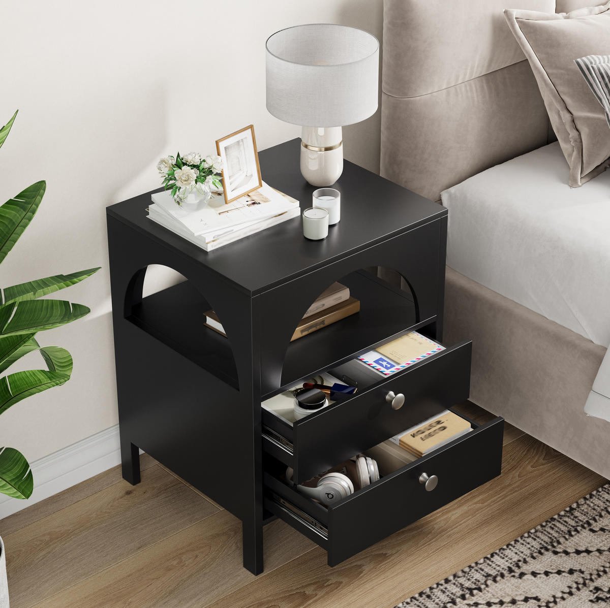 NACHTTISCH aus MDF mit 2 Schubladen & offenem Fach, 45/40/58 cm, Schwarz - Schwarz, Holzwerkstoff (40/58/45cm) - Redom