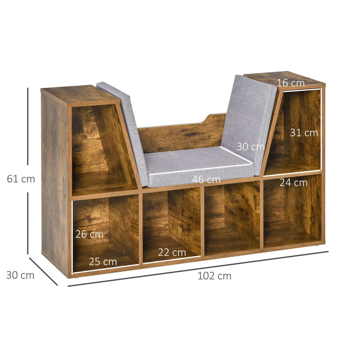KINDERREGA DE-15545 102/30/61 cm, 6 offene Fächer Rustikalbraun - Braun, Holzwerkstoff (102/61/30cm) - ComfortXL