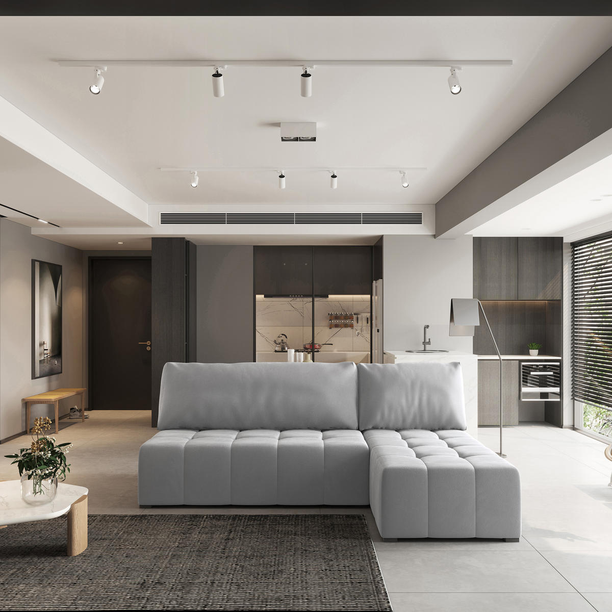 ECKSOFA DOMIRA Hellgrau Plüsch-Stoff mit Schlaffunktion - Hellgrau, Holz (200/141cm) - MASSENO