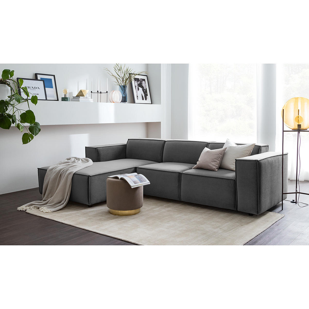 ECKSOFA mit Longchair - Schwarz/Grau, Kunststoff/Textil (260/177cm) - home24
