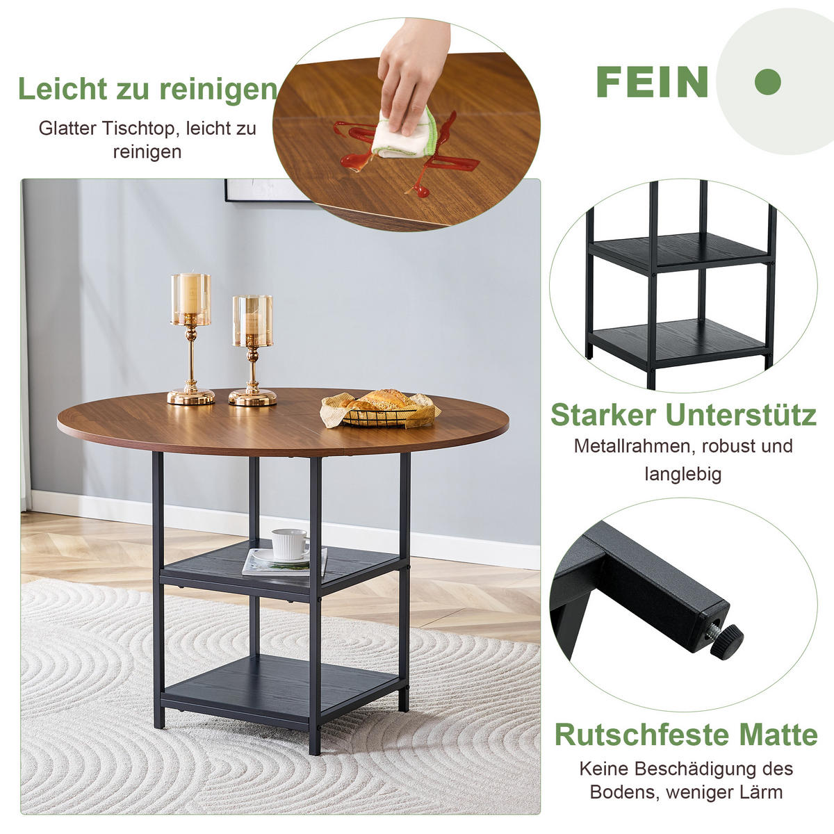 ESSTISCH 107/107/75 cm schwarz walnussfarben aus MDF und Metall mit doppelter Ablage - Schwarz, Holzwerkstoff (107/107/75cm) - OKWISH