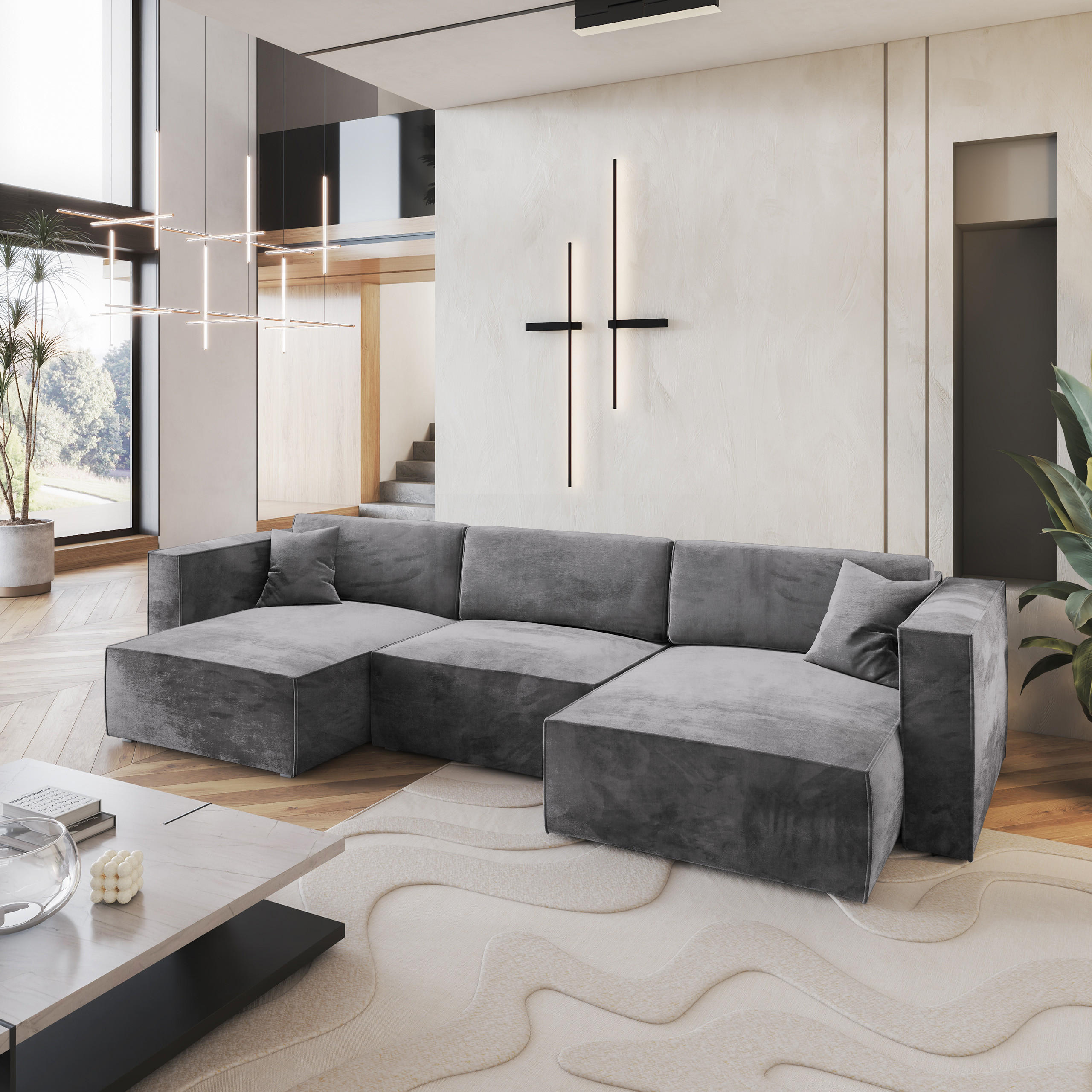 WOHNLANDSCHAFT SARMO M Grau Velours-Stoff mit Schlaffunktion - Grau, Holz (347/70/148cm) - MASSENO