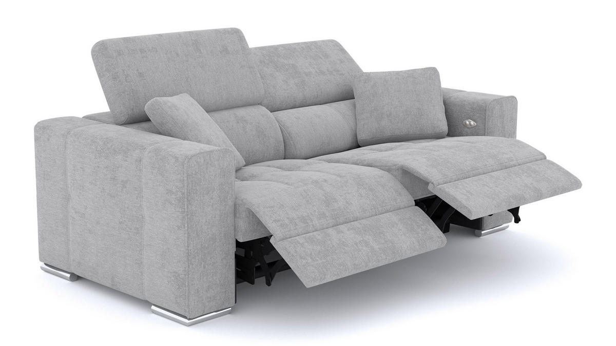 SOFA QUARTZ 3-Sitzer mit 2 Relaxfunktionen, hellgrau - Silberfarben/Hellgrau, Holzwerkstoff/Textil (204/80/102cm) - Courtois Laville