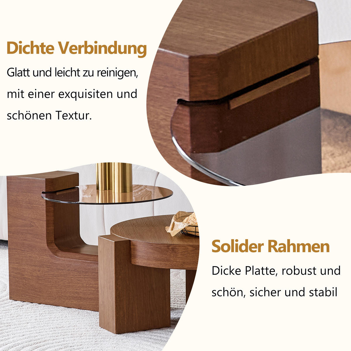 COUCHTISCH in Walnussfarbe 2er-Set Couchtisch-Kombination mit Glasplatte für Wohnzimmer, B44/T62/H44 cm, Ø61/H30 cm - Walnussfarben, Glas/Holzwerkstoff (61/61/30cm) - STILVORA