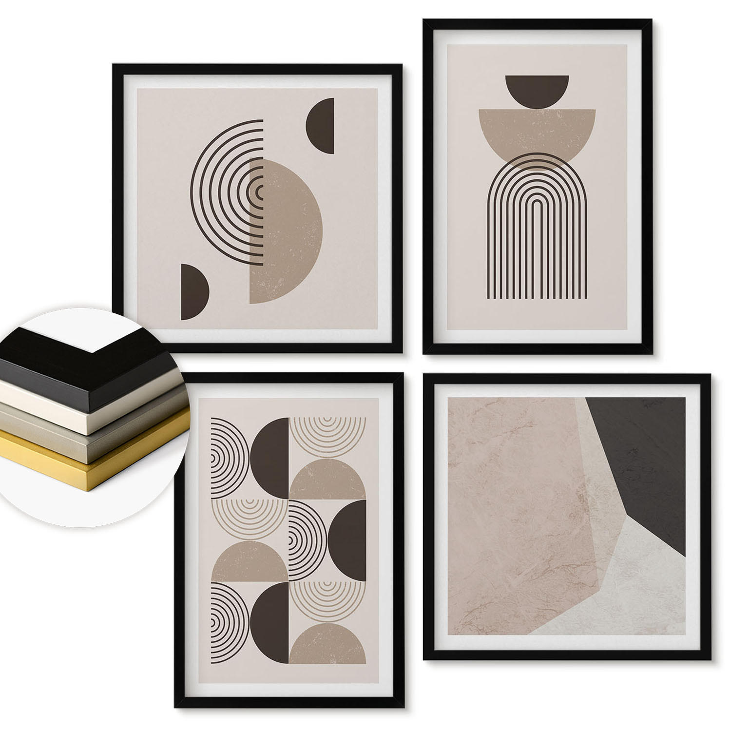 WANDBILDER 4er-Set - 50x50 cm & 40x60 cm Schwarzer Rahmen - Abstrakte geometrische Muster - Schwarz, Kunststoff (50/50cm) - ArtPrintCave