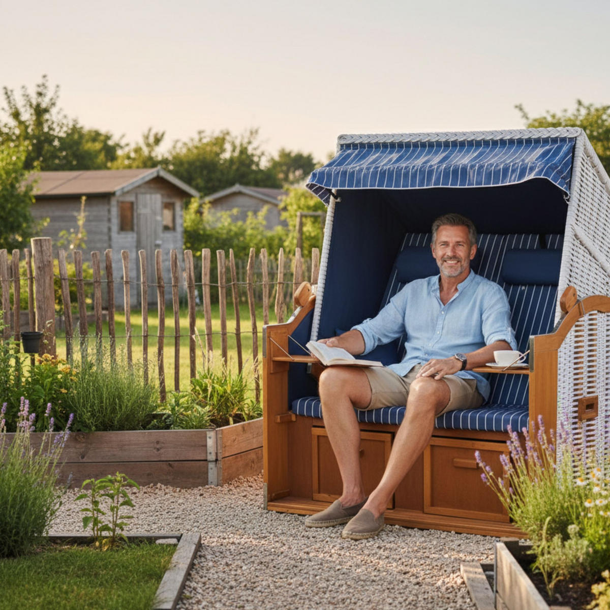 STRANDKORB Ostsee 2-Sitzer PE weiß - Blau/Braun, Metall (120/160/80cm) - Mr. Deko
