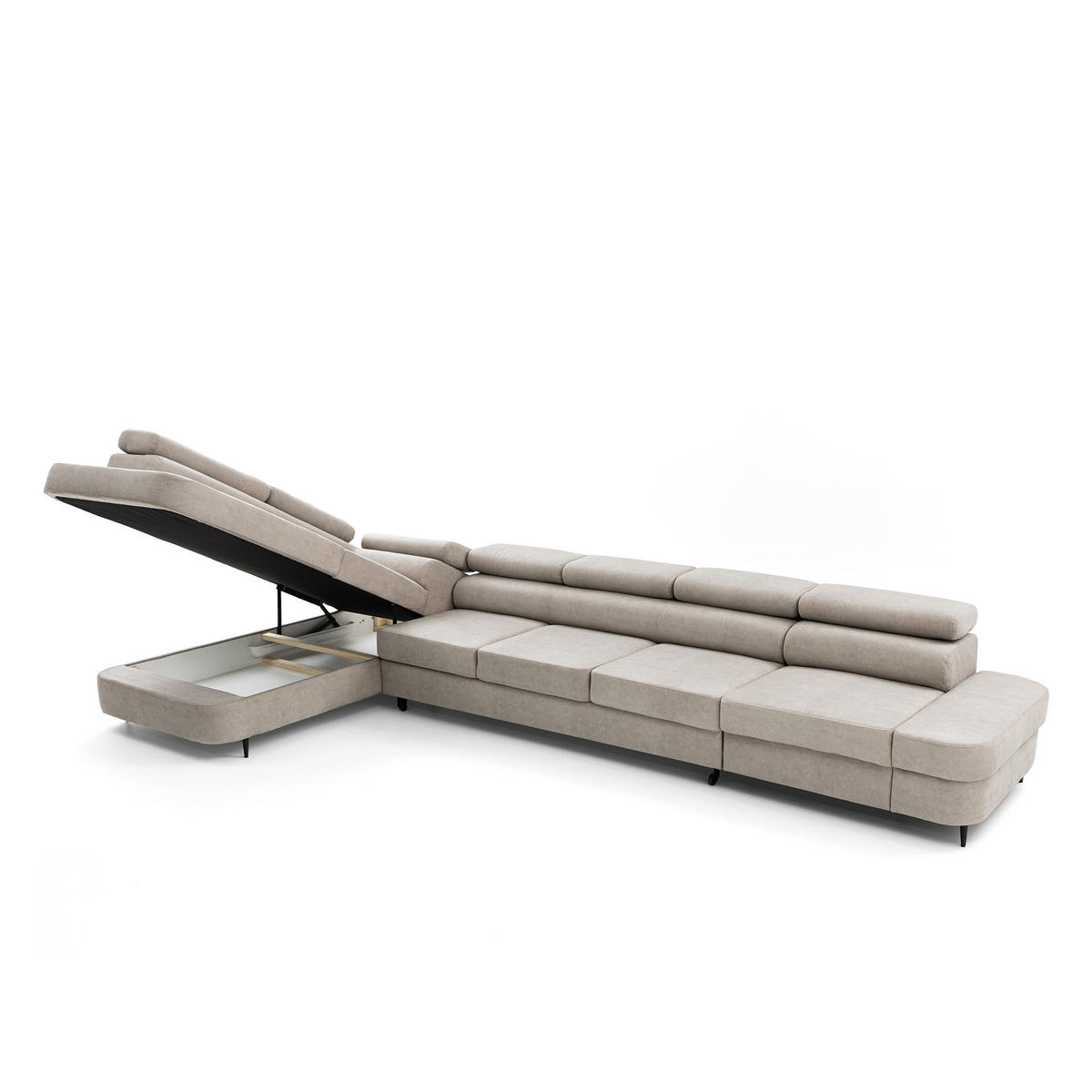 ECKSOFA PRIAM XXL L-Form Links mit Schlaffunktion 125x265 Velours Creme - Creme/Schwarz, Holz/Textil (203/420cm) - Muffo