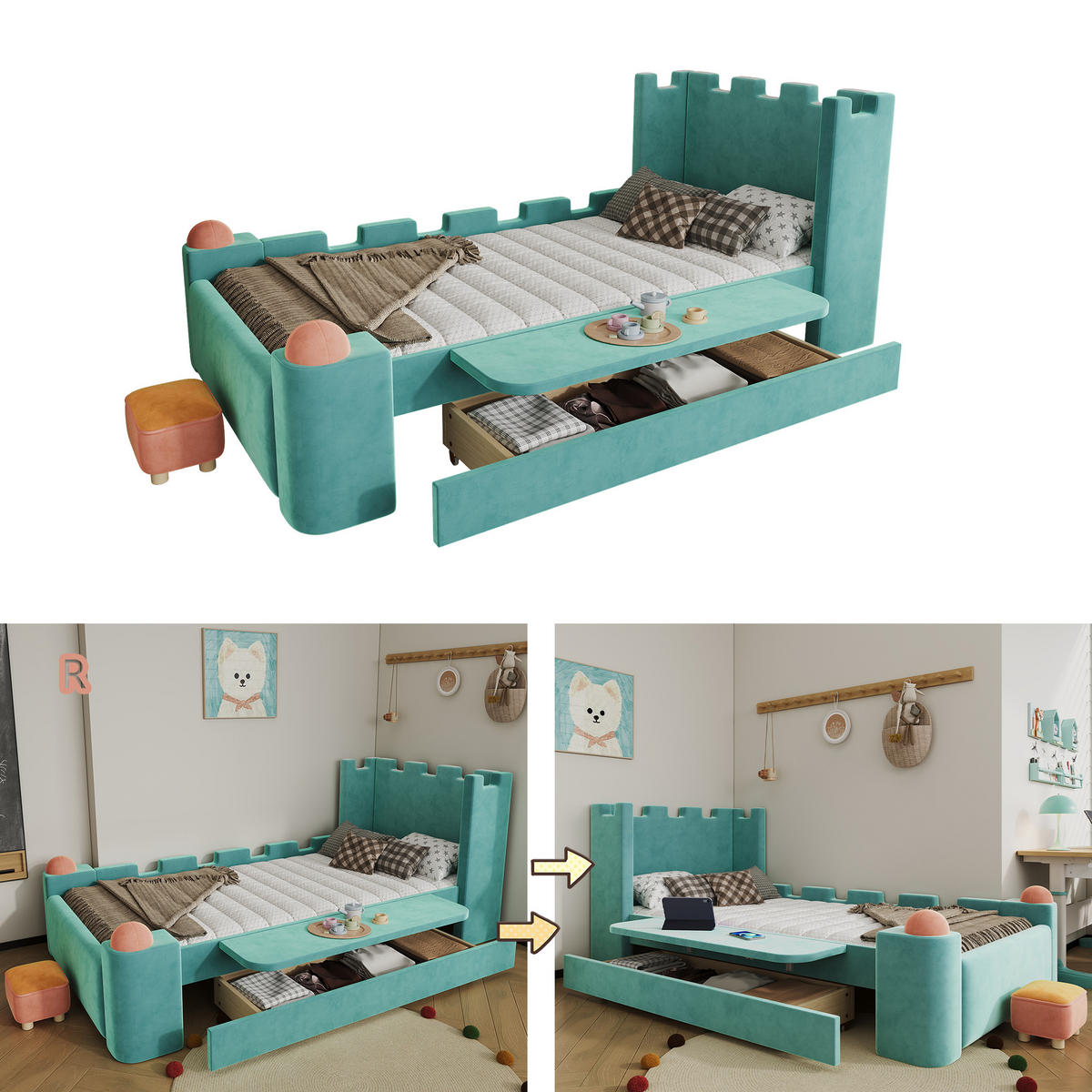 PAT TAPISAT 90x200cm cu colțuri moi anti-coliziune, Catifea franceză, Albastru-verzui - verde mentă, material textil (90/200cm) - KOMHTOM