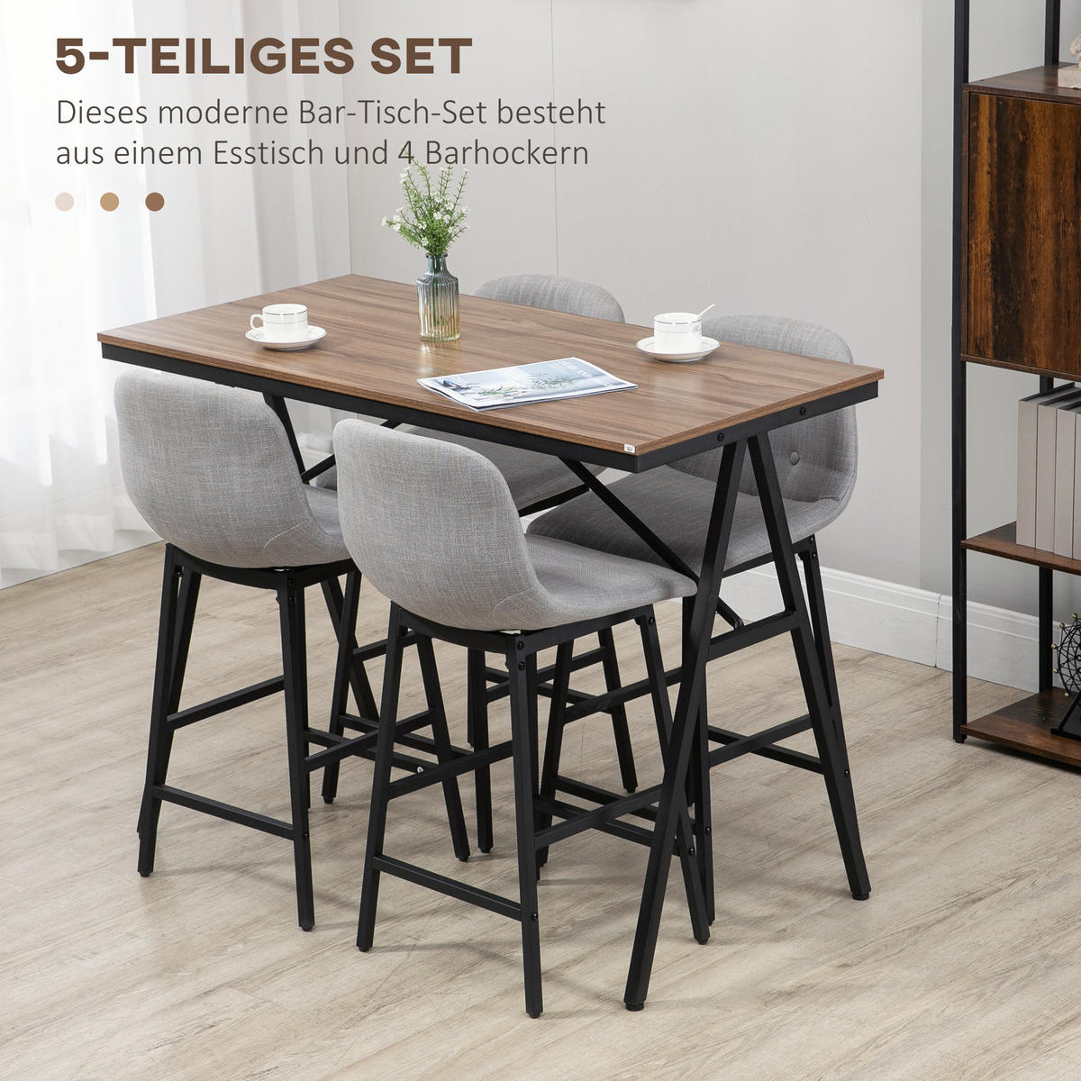 BARTISCH mit Barhocker Set, 5-teilig Essgruppe, Küchentisch, Bartisch Set, Grau - Hellbraun, Textil (60/91/120cm) - HOMCOM