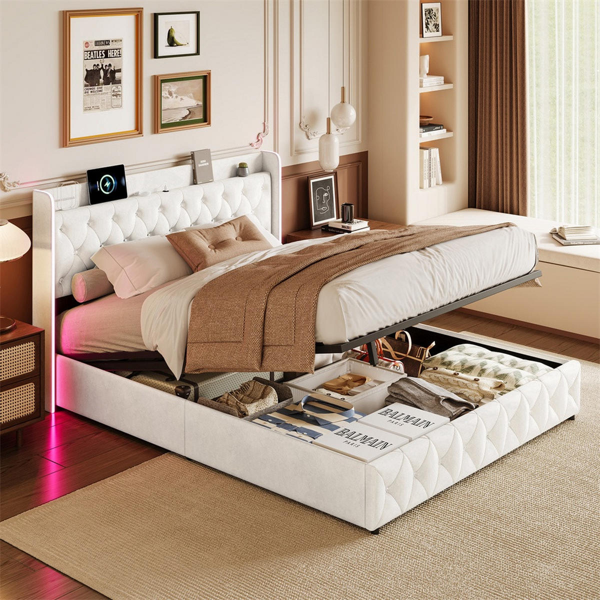 POLSTERBETT 140x200 cm - Doppelbett mit hydraulischem Stauraum und LED - ohne Matratze - Beige - Beige, Textil (140/200cm) - DELFA