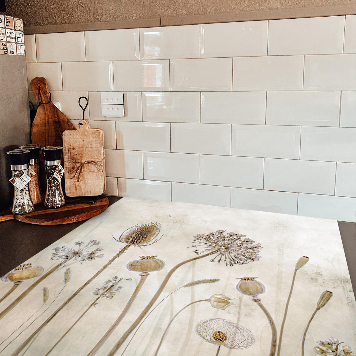 HERDABDECKPLATTE Blumen - Aquarell - Stilleben - Braun - Vintage Induktionsmatte 78x78 cm - Sandfarben, Kunststoff (78/78/0.2cm) - MuchoWow