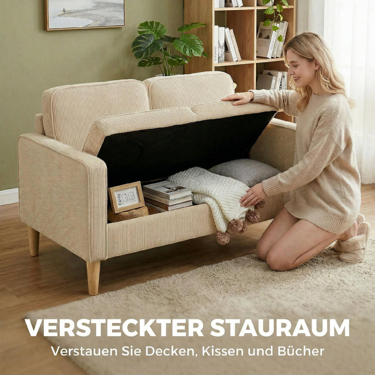 2-SITZER-SOFA DE-06610 mit Stauraum, 2 Wurfkissen, Corduroy, Massivholzfüße Beige - Beige, Holz/Textil (117/79/63cm) - ComfortXL