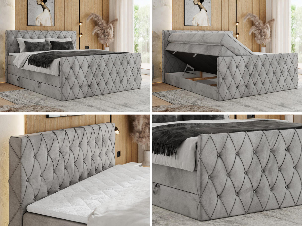 BOXSPRINGBETT MIREN KING DUO 180/200 Hellgrau Velvet - H3 - Hellgrau, Holz/Textil (180/200cm) - MKS