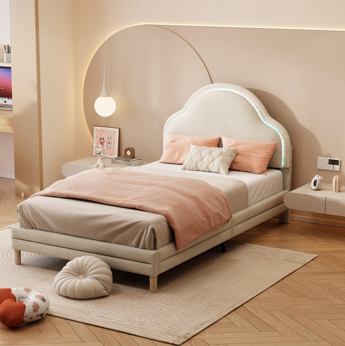 KINDERBETT Polsterbett 90/200 cm aus Samt mit wolkenförmigem LED-Kopfteil Beige - Beige, Textil (90/200cm) - Modenvie